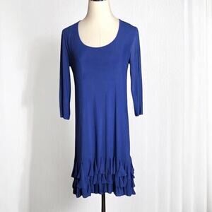 DeCa Dress Blue Jersey Knit Ruffle Hem Sheer Sleeve